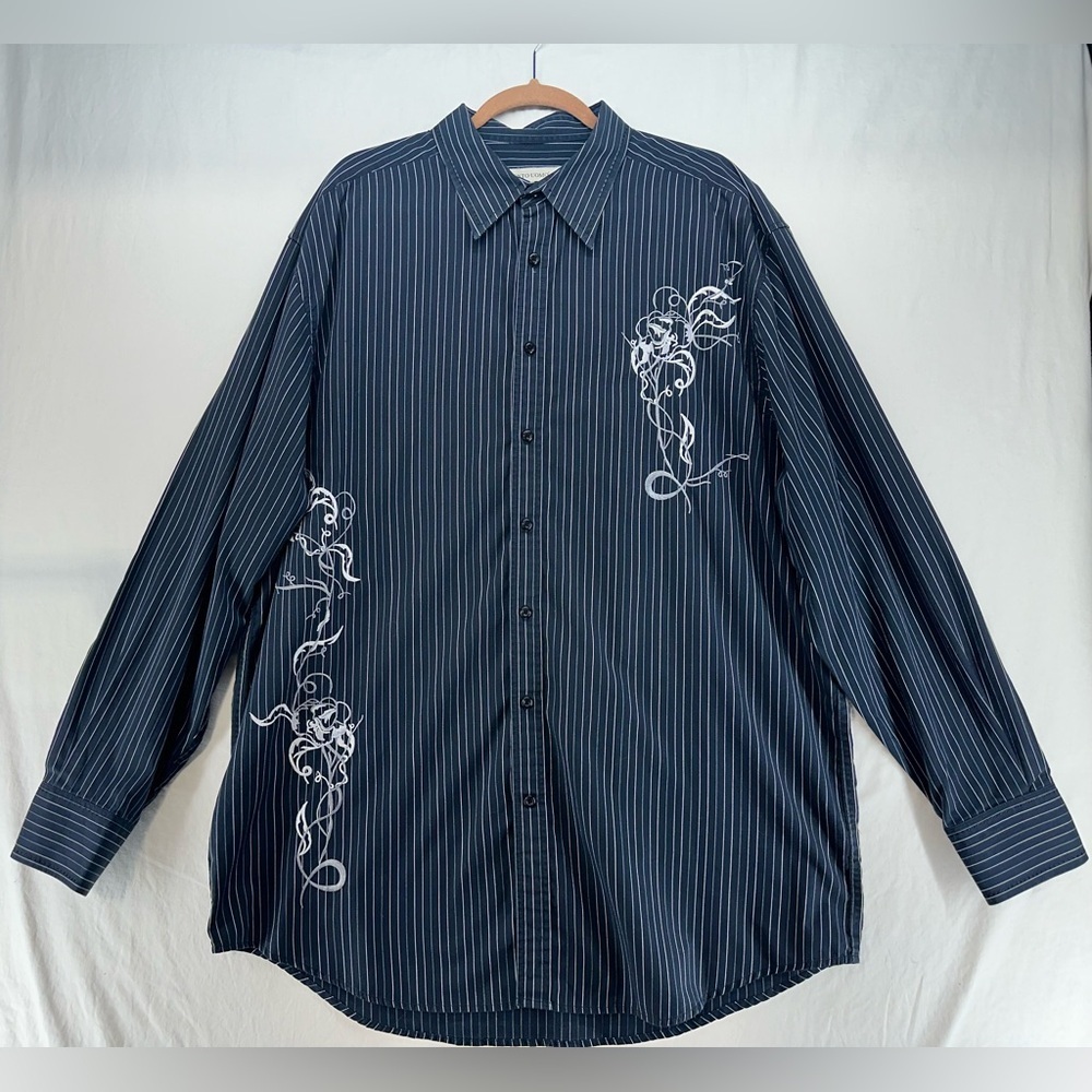 PRONTO UOMO Long Sleeve Button Down Black & White Striped Embroidered Size XLT